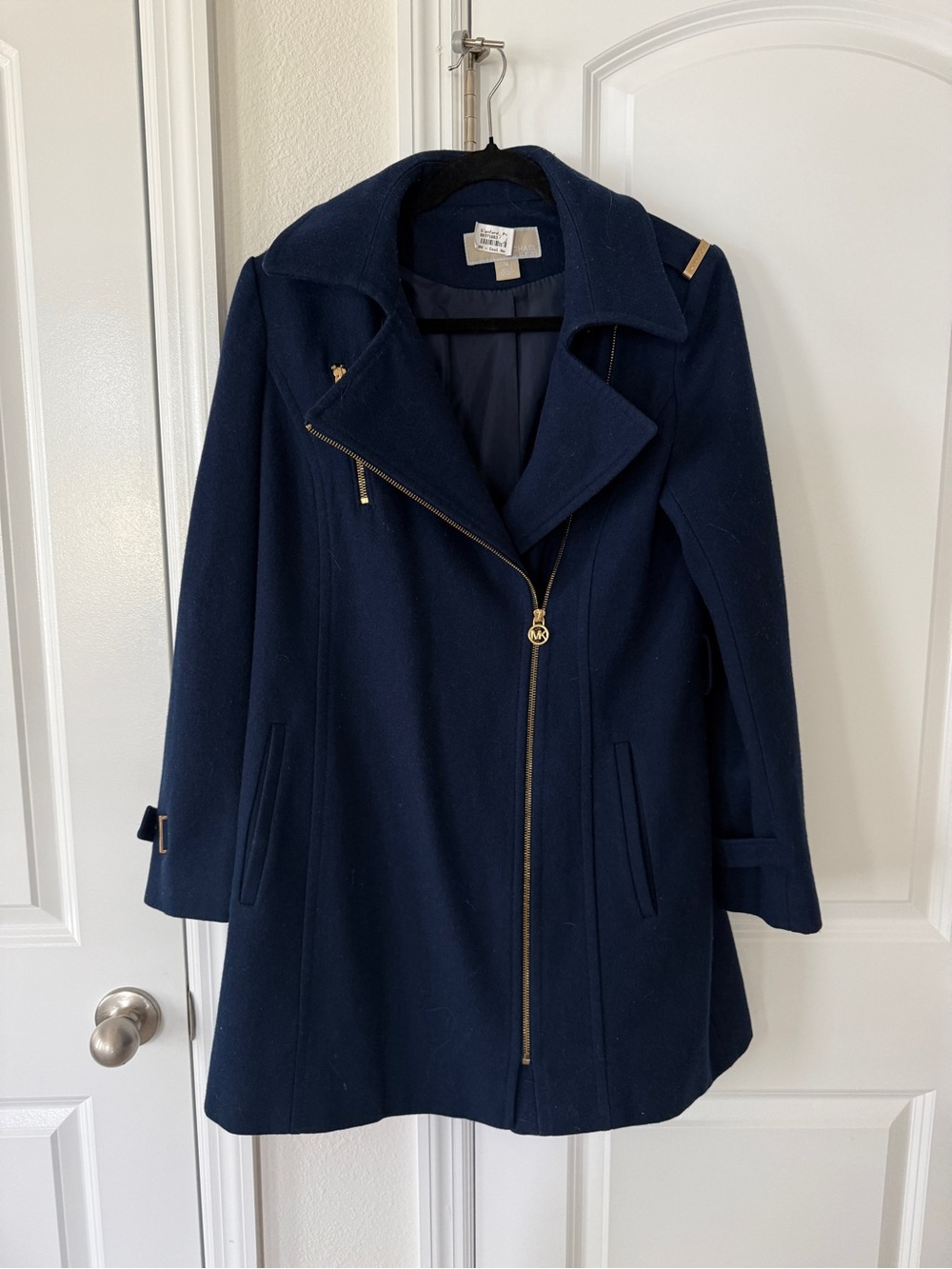 MICHAEL Michael Kors Navy Wool-Blend Asymmetrical Zip Pea Coat